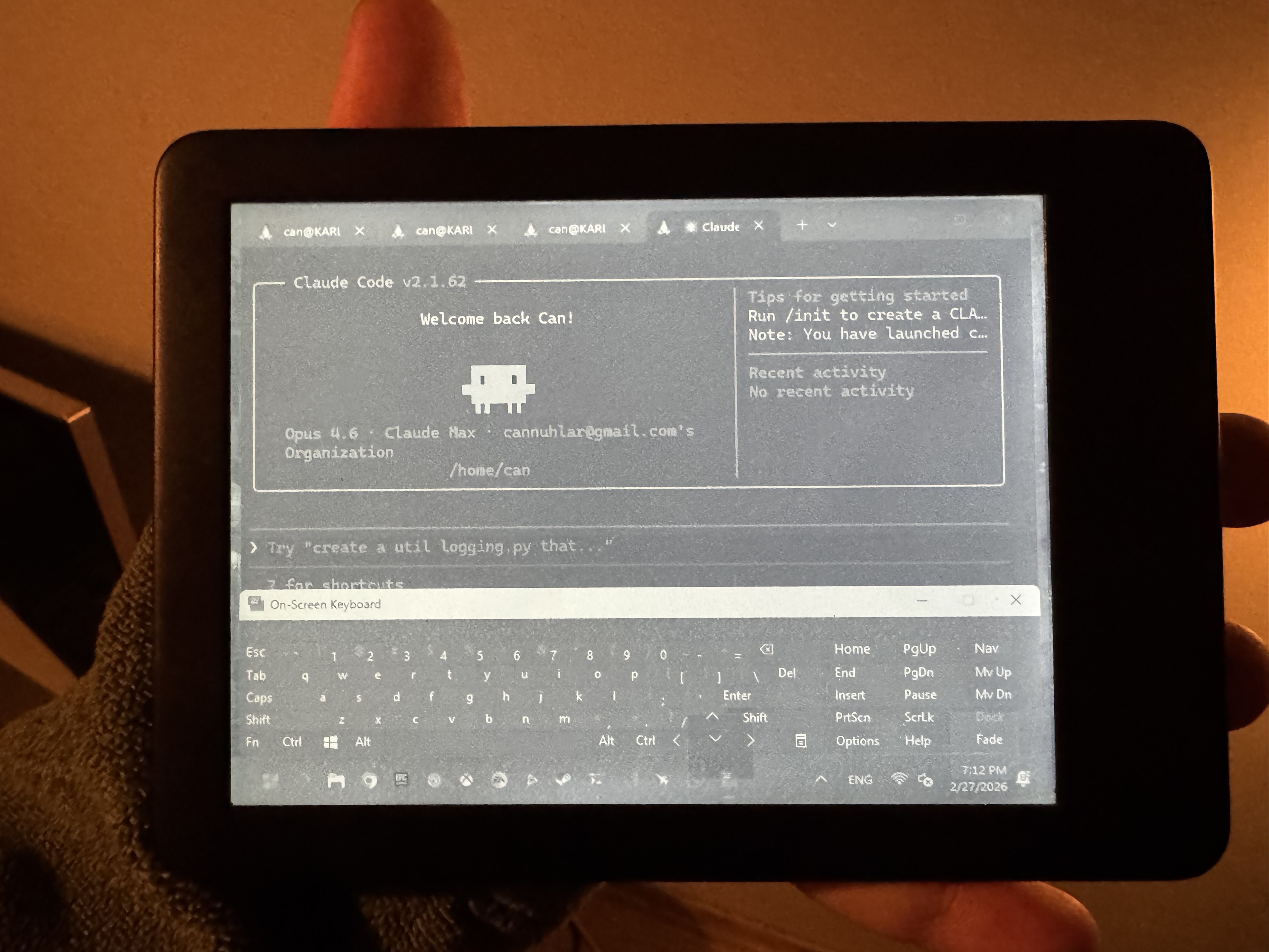 Kindle showing claude code instance via RDP